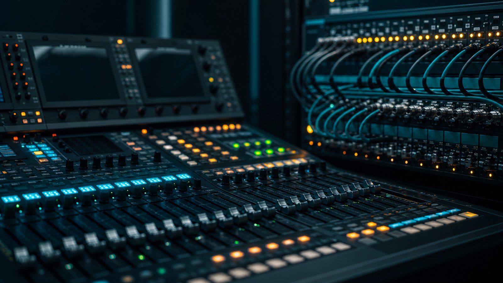 Broadcast-Mischpult und Patch-Panel mit redundanter Verkabelung